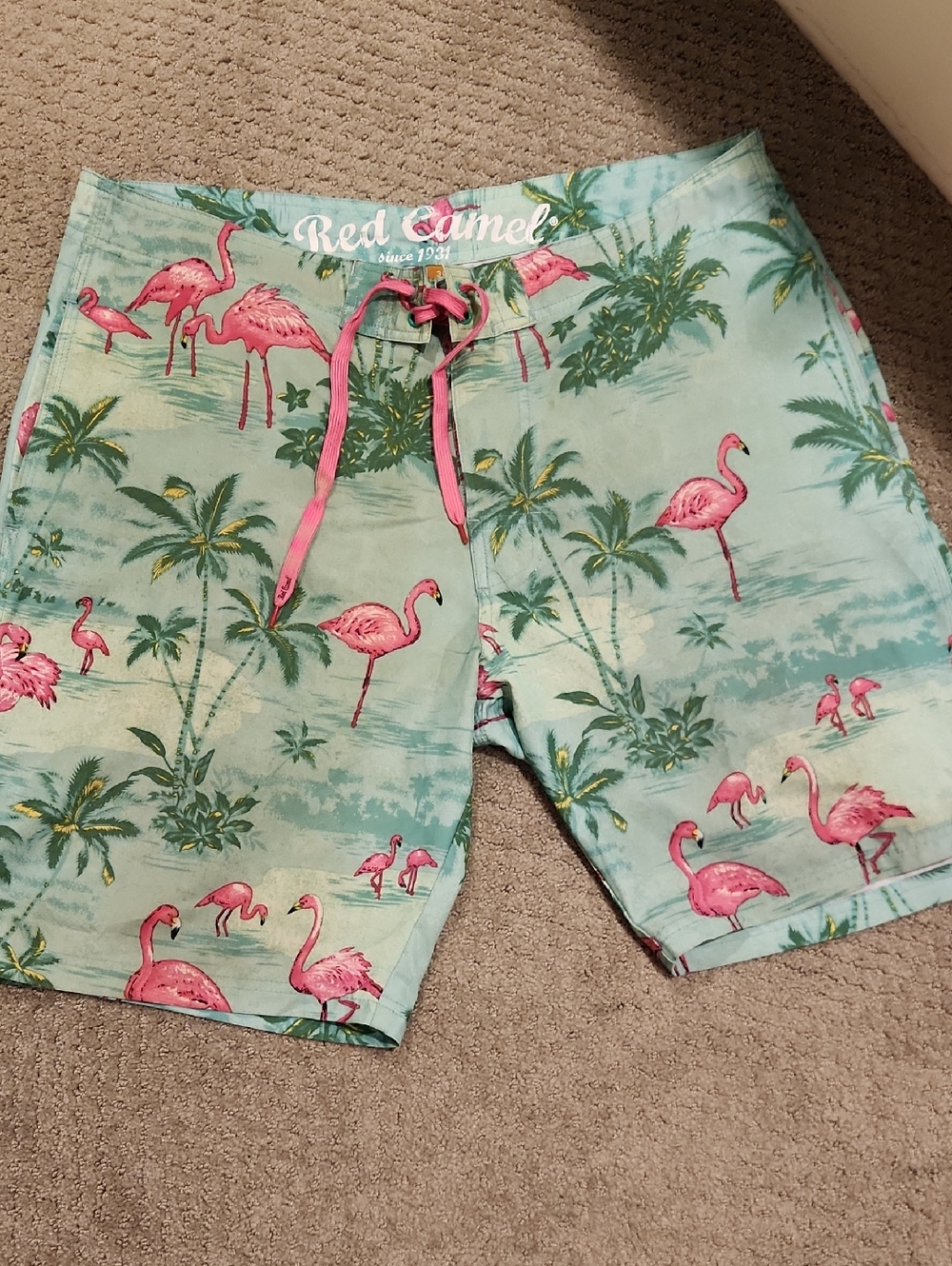 Red Camel Flamingo Print Swim Trunks - Mint & Pink sz 36